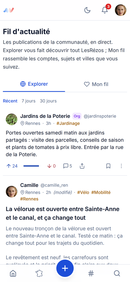 Le fil d'actualité dans l'application LesRézos